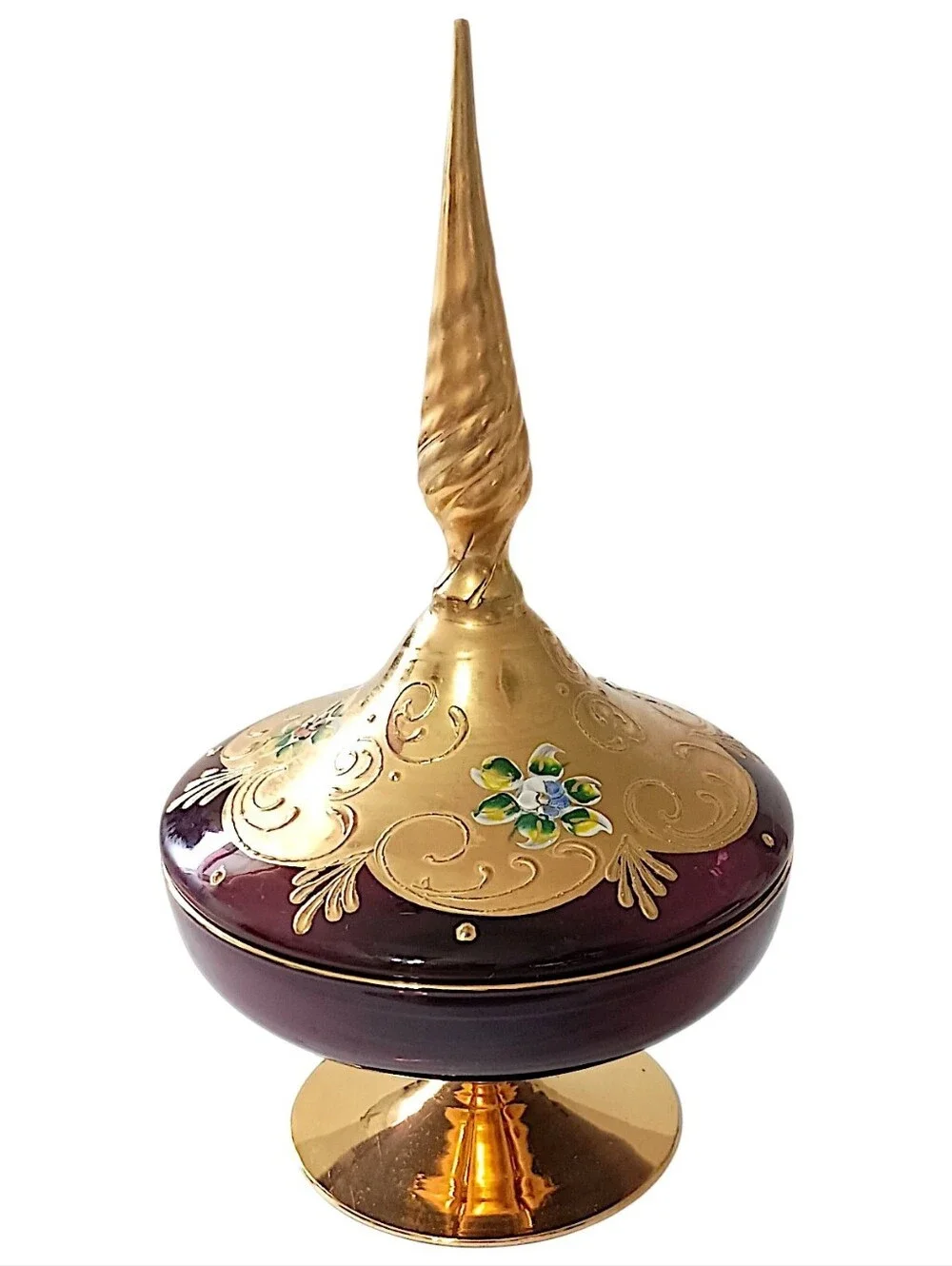 Vtg Amethyst Glass Trinket Dish Pedestal Finial Lid Vanity Gold Gilt Candy Jar